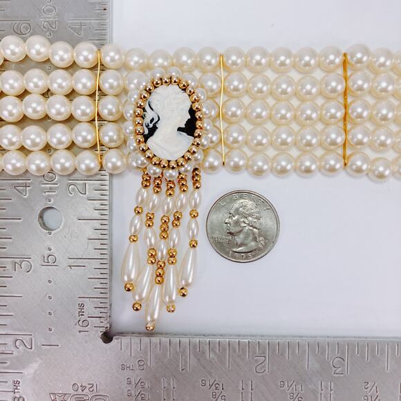 Victorian Revival Faux Pearl Cameo Statement Choker Multi Strand Necklace VTG - Picture 10 of 11